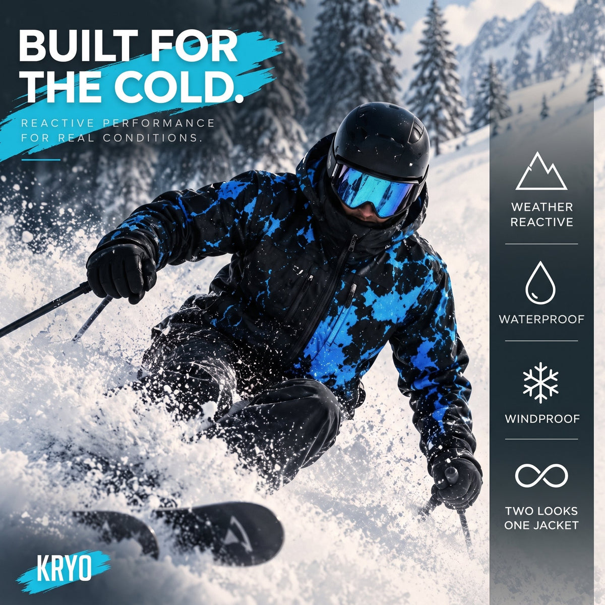 Skier wearing the KRYO jacket in Glacier Blue